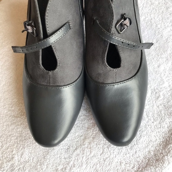 Soft Moc navy shoe  bootie with small heel and strap.  Suede and leather look. - Picture 4 of 10